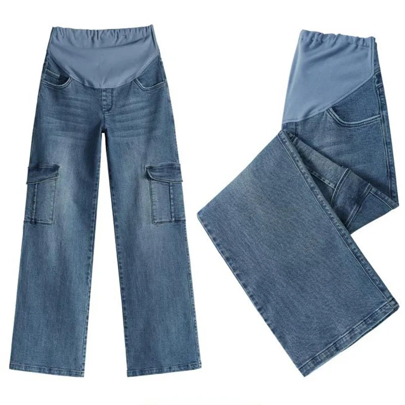 Maternity Washed Denim Jeans for Pregnant Women Clothes Elastic Waist Belly Loose Pants Pregnancy Clothing Clothe