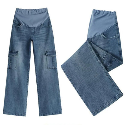 Maternity Washed Denim Jeans for Pregnant Women Clothes Elastic Waist Belly Loose Pants Pregnancy Clothing Clothe