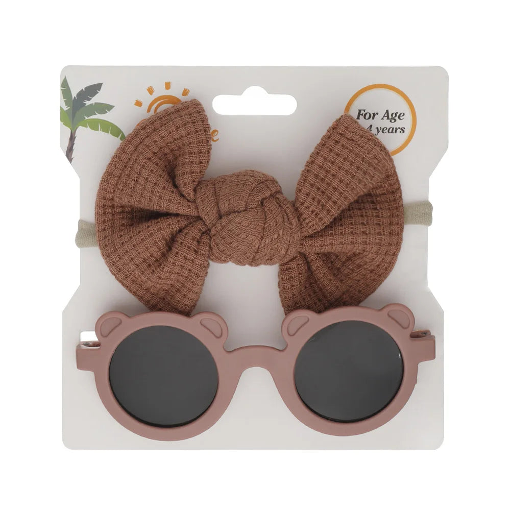 2Pcs/Set Bear Baby Sunglasses Waffle Topknot Hair Bows Headbands Sun Protection Shadow Glasses Kids Fashion Hair Accessories