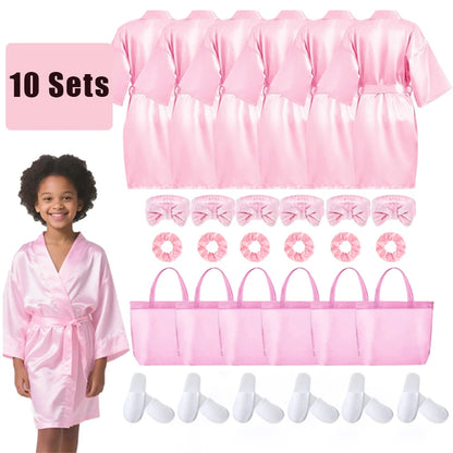 6-15Pcs Spa Party Robes for Girls Supplies Favors Kids Gowns Robe Soft Spa Headband Sleepover Birthday Party