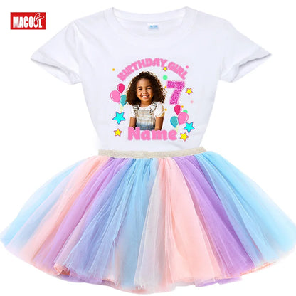 Custom Photo Birthday Girl Shirt And Tutu Set Girls' Party Dress Outfit with Name Personalization Child's Special Day Clothing