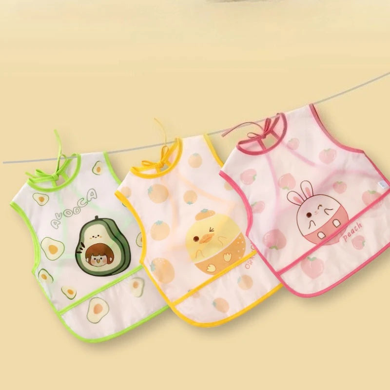 Baby Bib Waterproof Anti-soiling Apron Cartoon Printing Sleeveless Light Weight Boys Girls with Pocket Mutifunction Use