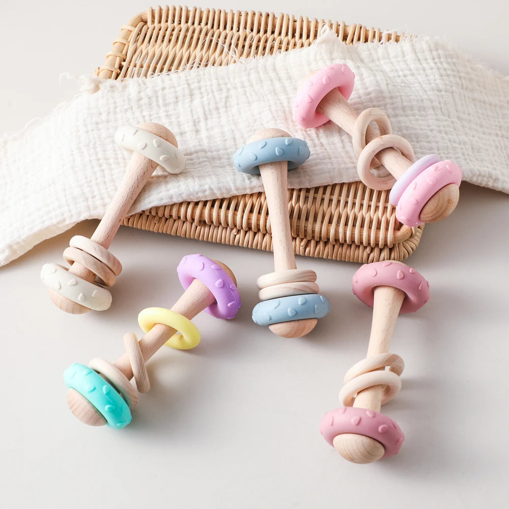 Baby Silicone Teething Toy – Upgraded Rattle, Natural Wood, Food Grade & Gnawable, Easy to Clean, Sensory Training for Infants