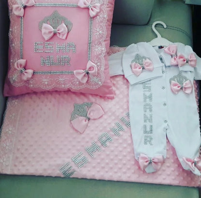 5pcs Baby Girl Outfits Set Welcome Home Hosptial Infant Receiving Blanket Pillow Bed Hat Mittens Romper Set