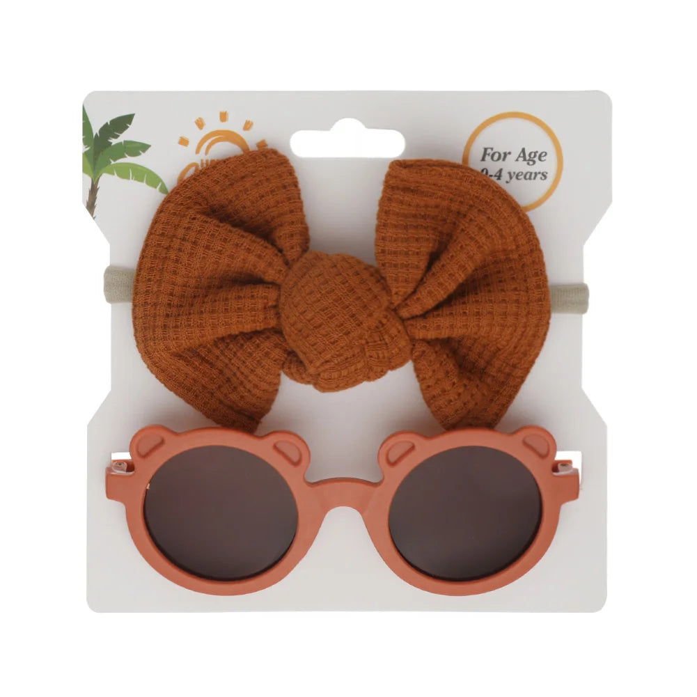 2Pcs/Set Bear Baby Sunglasses Waffle Topknot Hair Bows Headbands Sun Protection Shadow Glasses Kids Fashion Hair Accessories