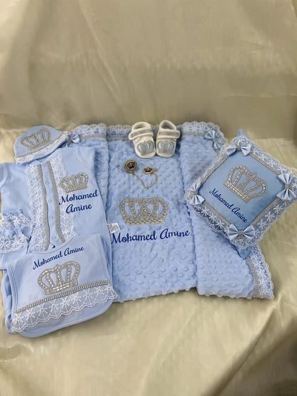 5pcs Baby Girl Outfits Set Welcome Home Hosptial Infant Receiving Blanket Pillow Bed Hat Mittens Romper Set