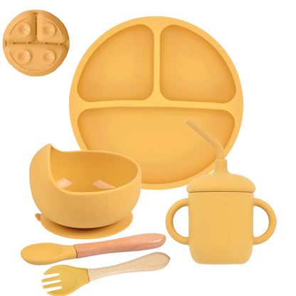 5Pcs/Set Baby Soft Silicone Tableware Kid Feeding Dishe Sucker Plate Bowl Spoon Fork Set Children Dishes Non-slip Dinnerware Set