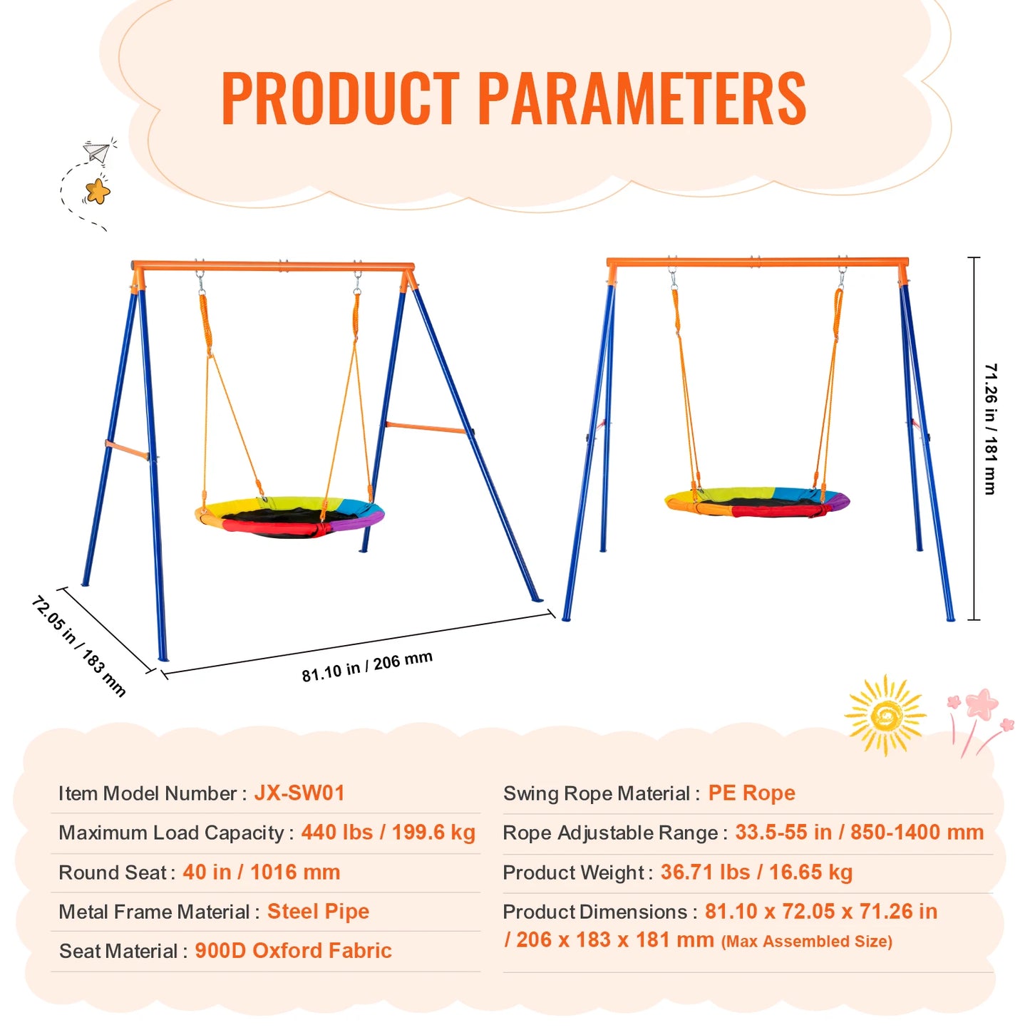 Swing Sets for Backyard 600lbs Capacity Swing Set with 1 Saucer Swing Seat 2 Belt Swing Seats Outdoor for Kids