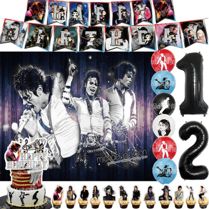 Music&Michael&J-jackson Birthday Party Supplies Banner Latex Balloons Cake Topper Cupcake Toppers Backdrop Fans Kids Adults Gift