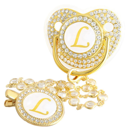 26 Initial Letters Golden Baby Pacifier With Diamond Chain Clip