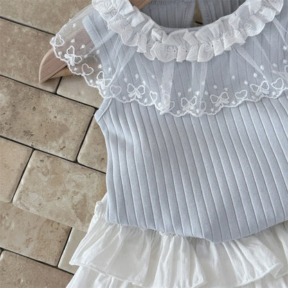 6M-2Y Summer Sweet Style Girls Set Lace Ruffle Collar Sleeveless Tee+White Ruffle Shorts 2Pcs Clothes Soft Cotton Infant Suit