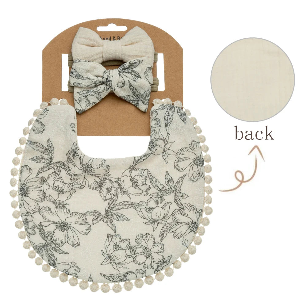 3-Piece Baby Bib & Headband Set, Double-Sided Feeding and Burp Cloth with Soft Nylon Bow Headbands