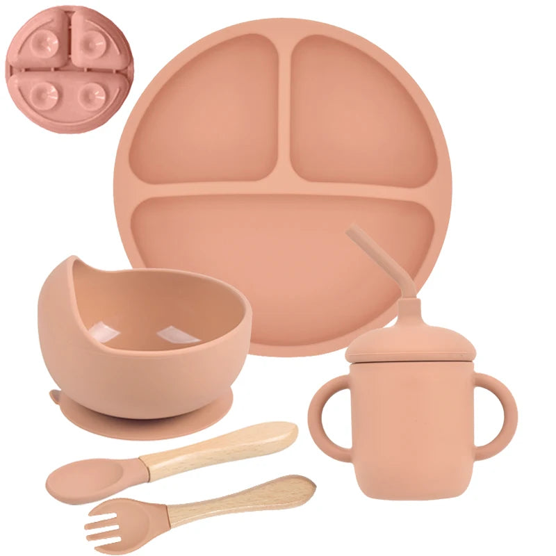 5Pcs/Set Baby Soft Silicone Tableware Kid Feeding Dishe Sucker Plate Bowl Spoon Fork Set Children Dishes Non-slip Dinnerware Set