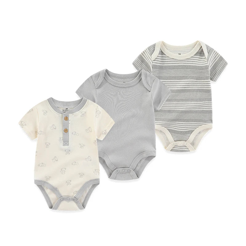 Cotton Newborn Baby Boy Clothes 3Pieces Summer 0-12M Cartoon Baby Girl Clothes Print Bodysuits Short Sleeve