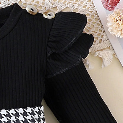 Pudcoco Baby Girl Spring Outfits Long Sleeve Houndstooth Print Romper Dress with Headband and Long Socks