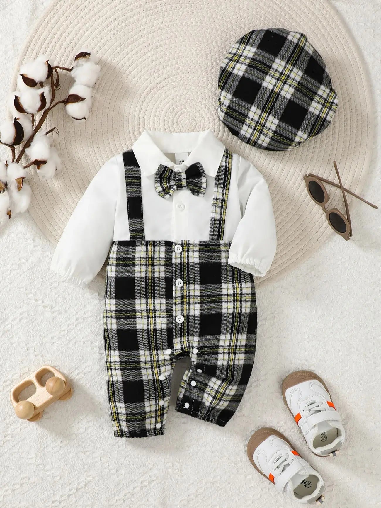 Newborn Literary Style Boy Baby Lapel False Strap Black Plaid Color Matching Jumpsuit Long Sleeve Button Cardigan Hat