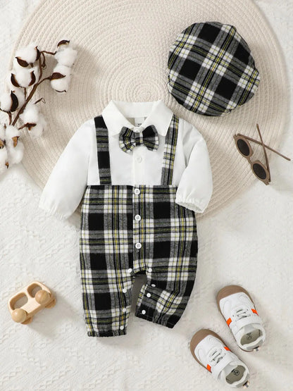 Newborn Literary Style Boy Baby Lapel False Strap Black Plaid Color Matching Jumpsuit Long Sleeve Button Cardigan Hat