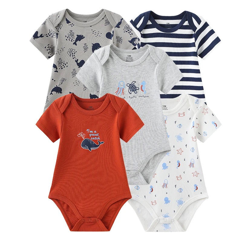 5-Piece Newborn Baby Bodysuit Set, Unisex Cotton Sleeveless Rompers with Cartoon and Solid Color Designs for Boys and Girls