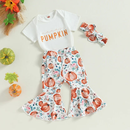 Summer Halloween Infant Baby Girls Clothes Letter Print Short Sleeves Romper and Pumpkin Print Flare Pants Headband