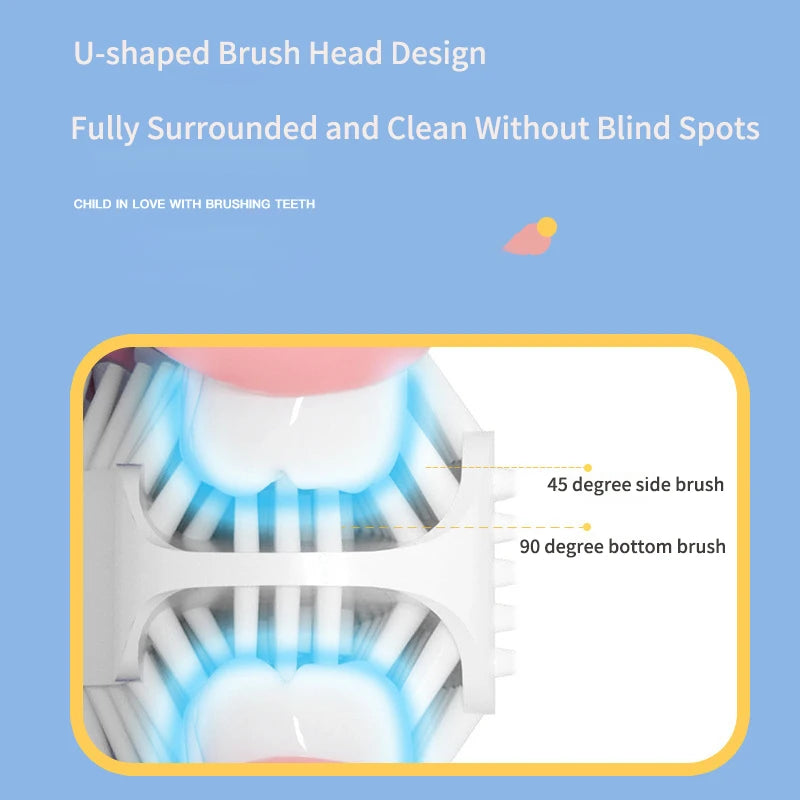 360° Sonic Electric Toothbrush U Shape Rechargeable for Kids Children Automatic Smart Timer Blue Light IPX7