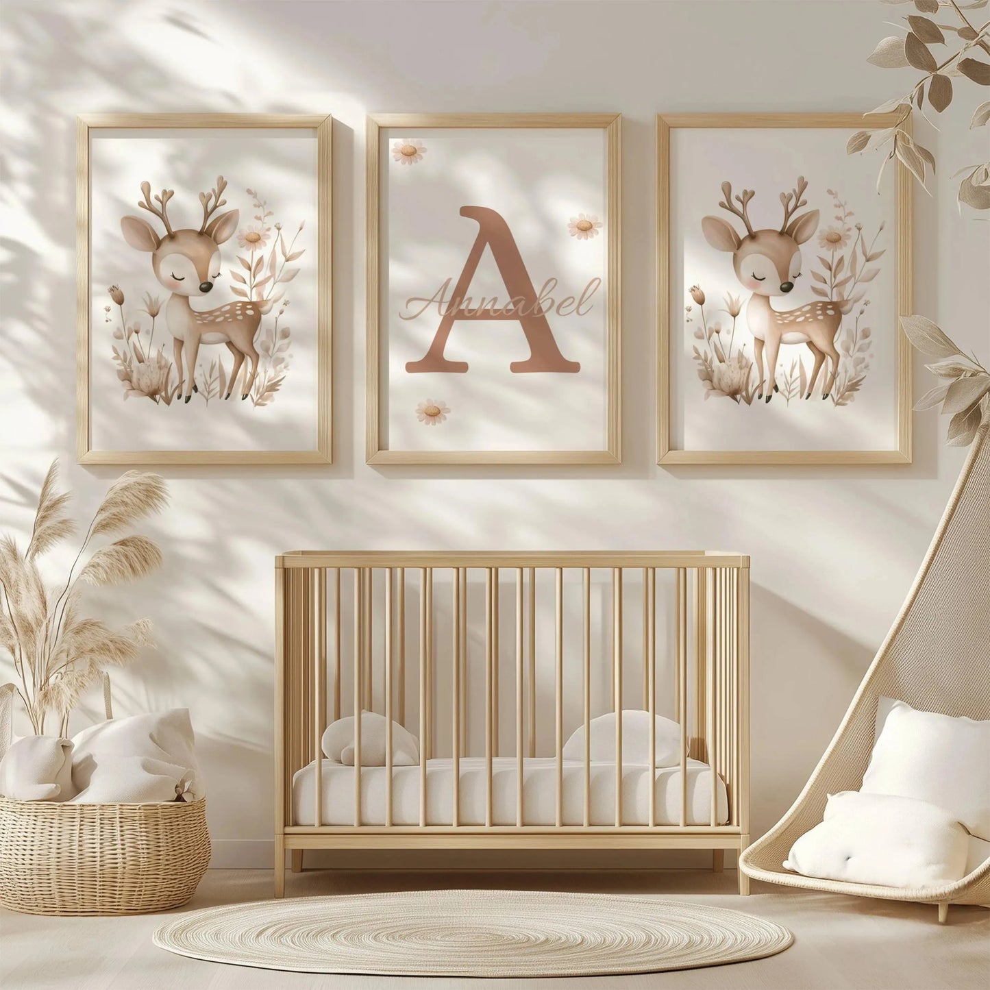 3pcs/set Custom Baby Name Deer Woodland Animal Canvas Printing Bohemian Pink Flower Nursery Wall Art Poster for Home Decoration