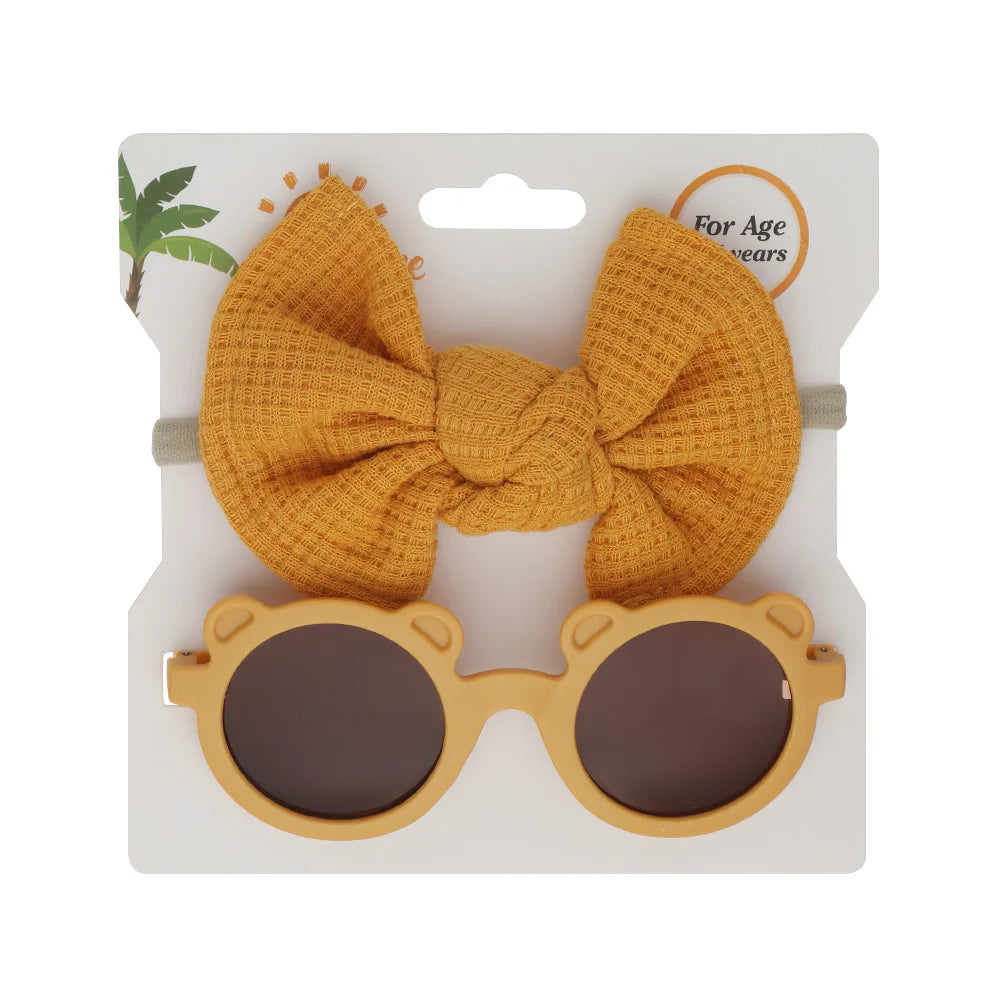 2Pcs/Set Bear Baby Sunglasses Waffle Topknot Hair Bows Headbands Sun Protection Shadow Glasses Kids Fashion Hair Accessories