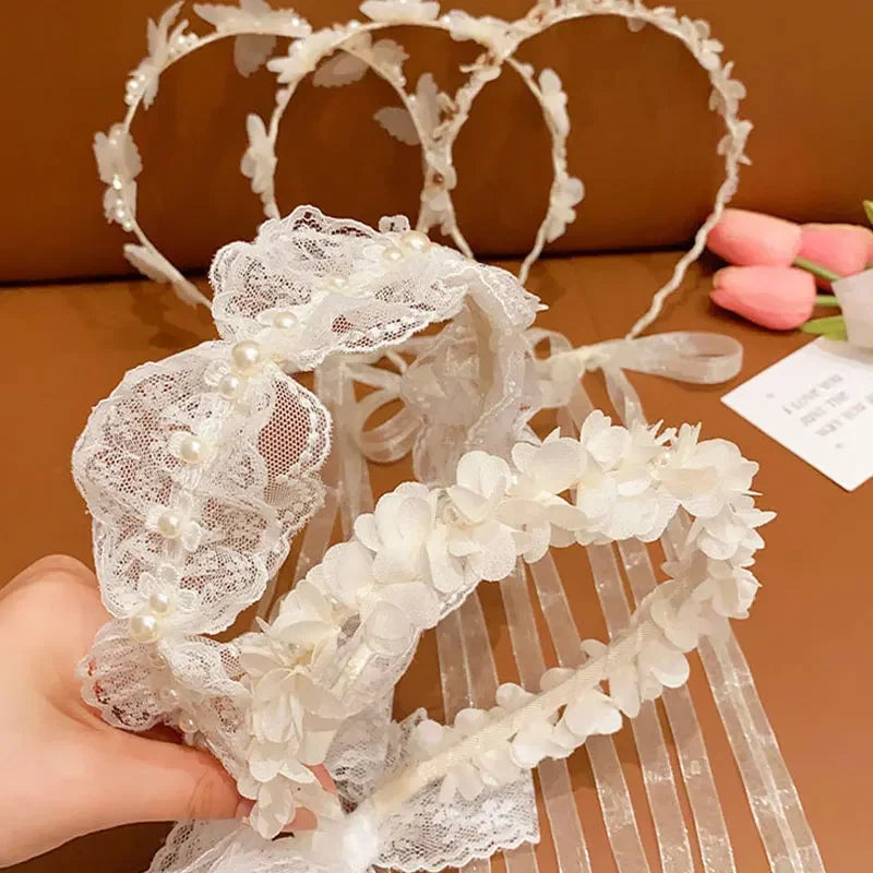White Lace Hair Flower Butterfly Hairbands Princess Pearl Headbands