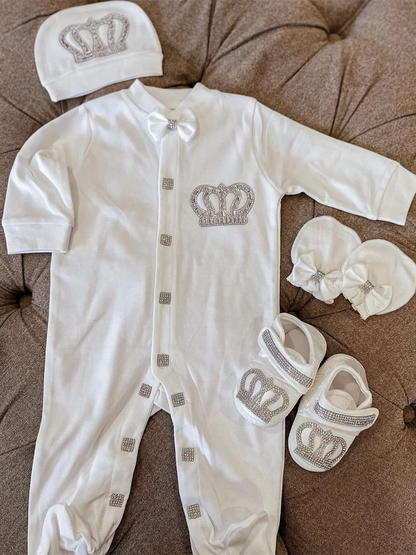 Dollbling Emerald Newborn Baby Boy Personalized Name Outfits 4pcs Welcome Home Hospital Crown Jewelry Romper Set