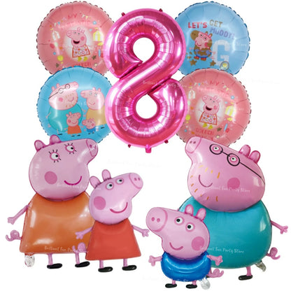 9pcs Peppa Pig Foil Balloon Set Pink Numbers Birthday Party Decoration Cartoon Family Balloons for Children's Events Baby Gifts