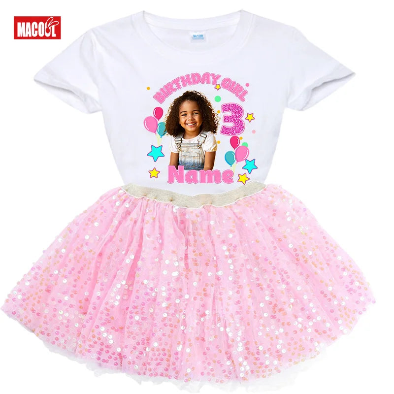 Custom Photo Birthday Girl Shirt And Tutu Set Girls' Party Dress Outfit with Name Personalization Child's Special Day Clothing