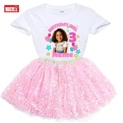 Custom Photo Birthday Girl Shirt And Tutu Set Girls' Party Dress Outfit with Name Personalization Child's Special Day Clothing