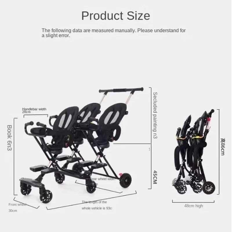 Triplet Stroller One-key Folding Detachable Universal Roller with Brake Anti-rollover Multiple Children Baby Stroller