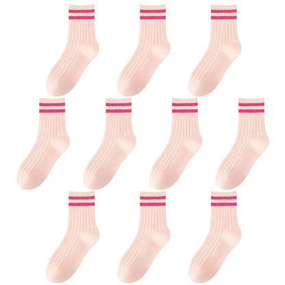 Kids Boys Girls Cotton Socks - Seamless Double Needle Ribbed 2-Stripe, All Season School Home Sports Socks