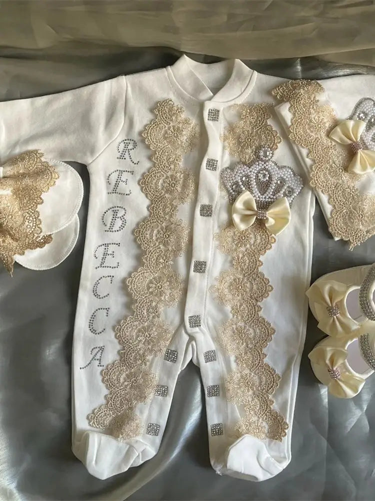 Dollbling Emerald Newborn Baby Boy Personalized Name Outfits 4pcs Welcome Home Hospital Crown Jewelry Romper Set