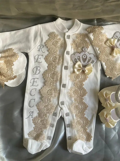Dollbling Emerald Newborn Baby Boy Personalized Name Outfits 4pcs Welcome Home Hospital Crown Jewelry Romper Set