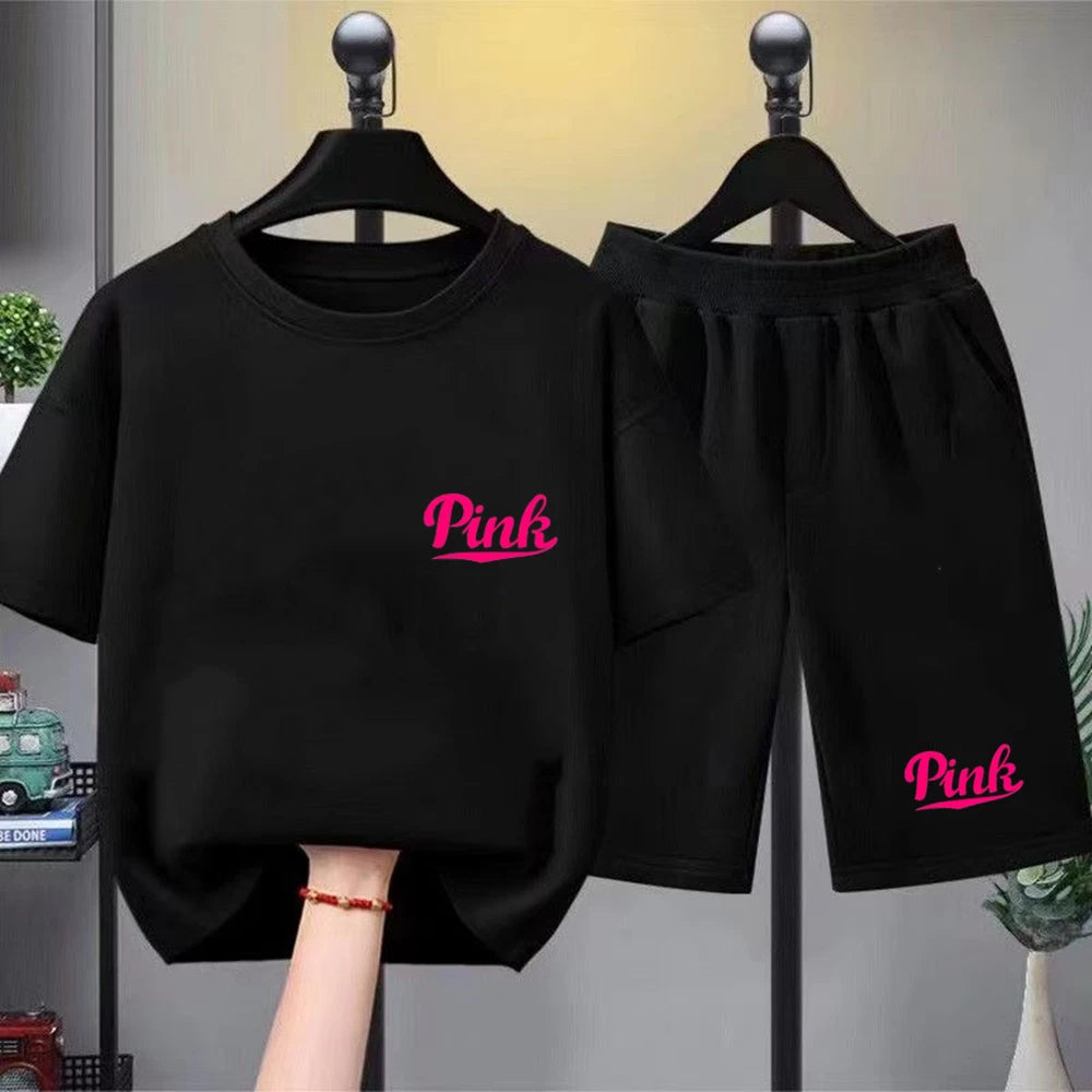 Kids Summer Girl Round Neck Black T-shirt+Shorts Short-sleeved Toddler 3-12Y Casual Sports Set Fashion Pink letter print