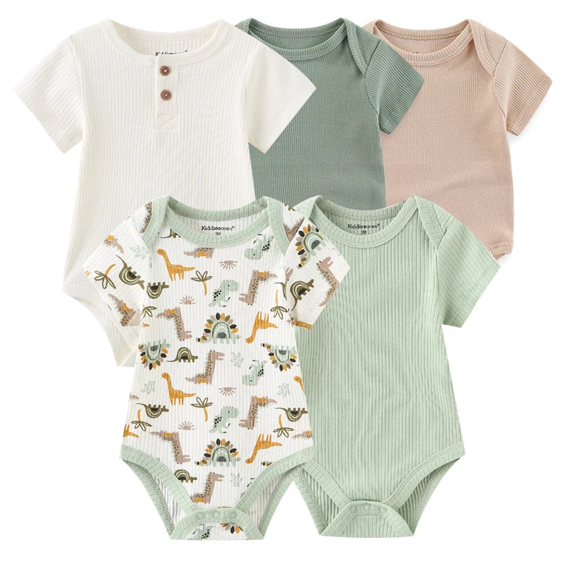 5-Piece Newborn Baby Bodysuit Set, Unisex Cotton Sleeveless Rompers with Cartoon and Solid Color Designs for Boys and Girls