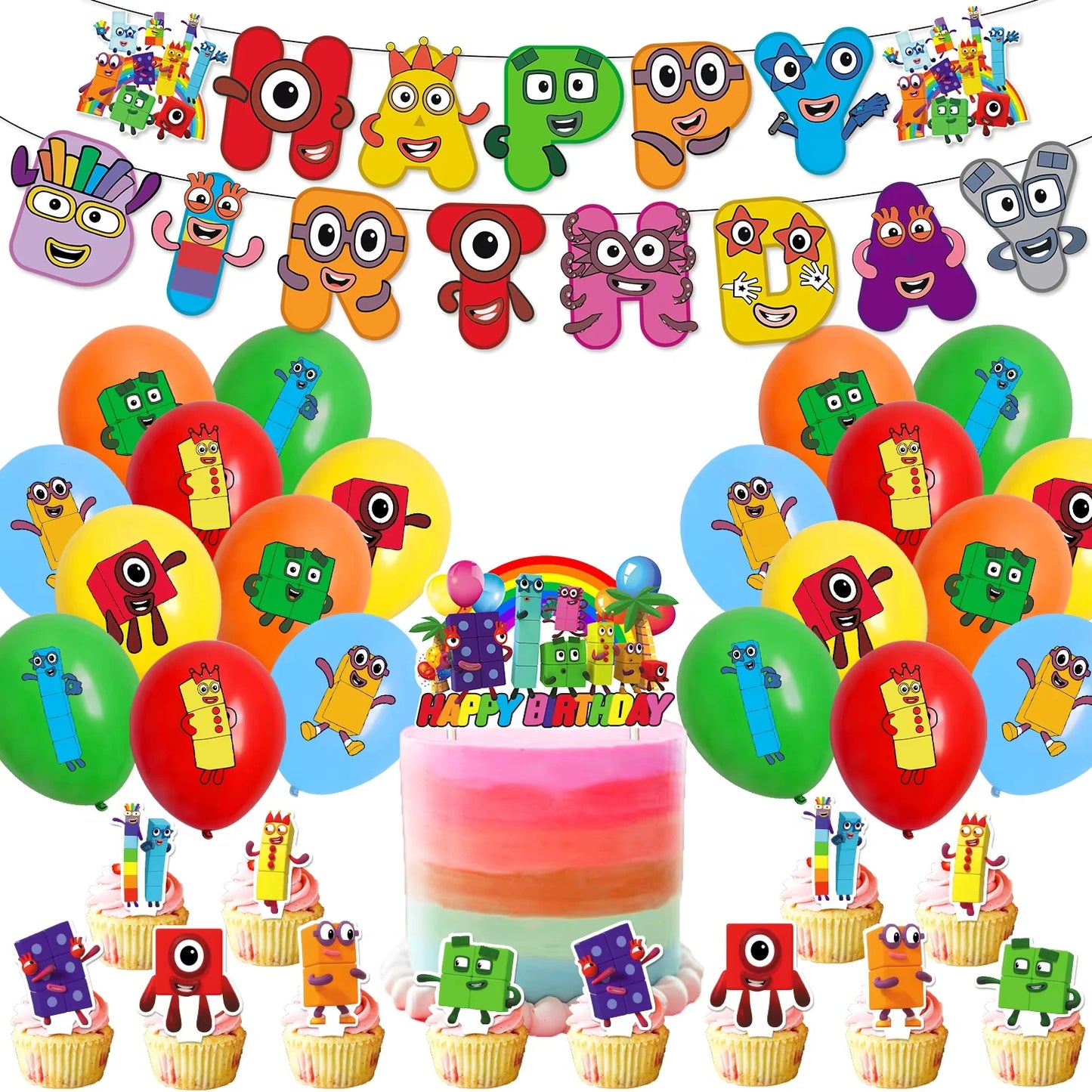 Number Birthday Decorations Building Blocks Tablecloth Banner Spiral Cake Topper Balloon for Kids Baby Shower Supplies Gifts