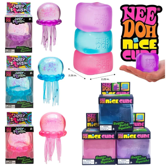 Nee Doh Jellyfish & Cube Squish Toy, Stress Relief Fidget Toy, Sensory for Kids & Adults