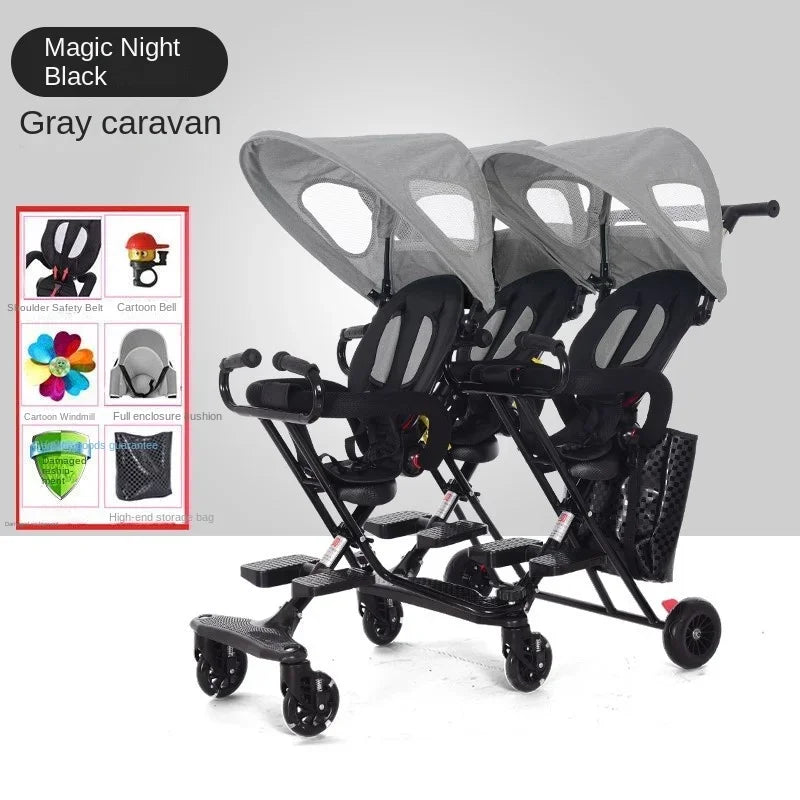 Triplet Stroller One-key Folding Detachable Universal Roller with Brake Anti-rollover Multiple Children Baby Stroller