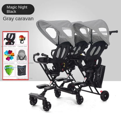 Triplet Stroller One-key Folding Detachable Universal Roller with Brake Anti-rollover Multiple Children Baby Stroller