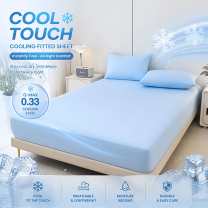 Ice Silk Cooling Fitted Sheet Set with Pillowcases Summer Breathable Mattress Cover Queen King Solid Non Slip Elastic Bed Sheets