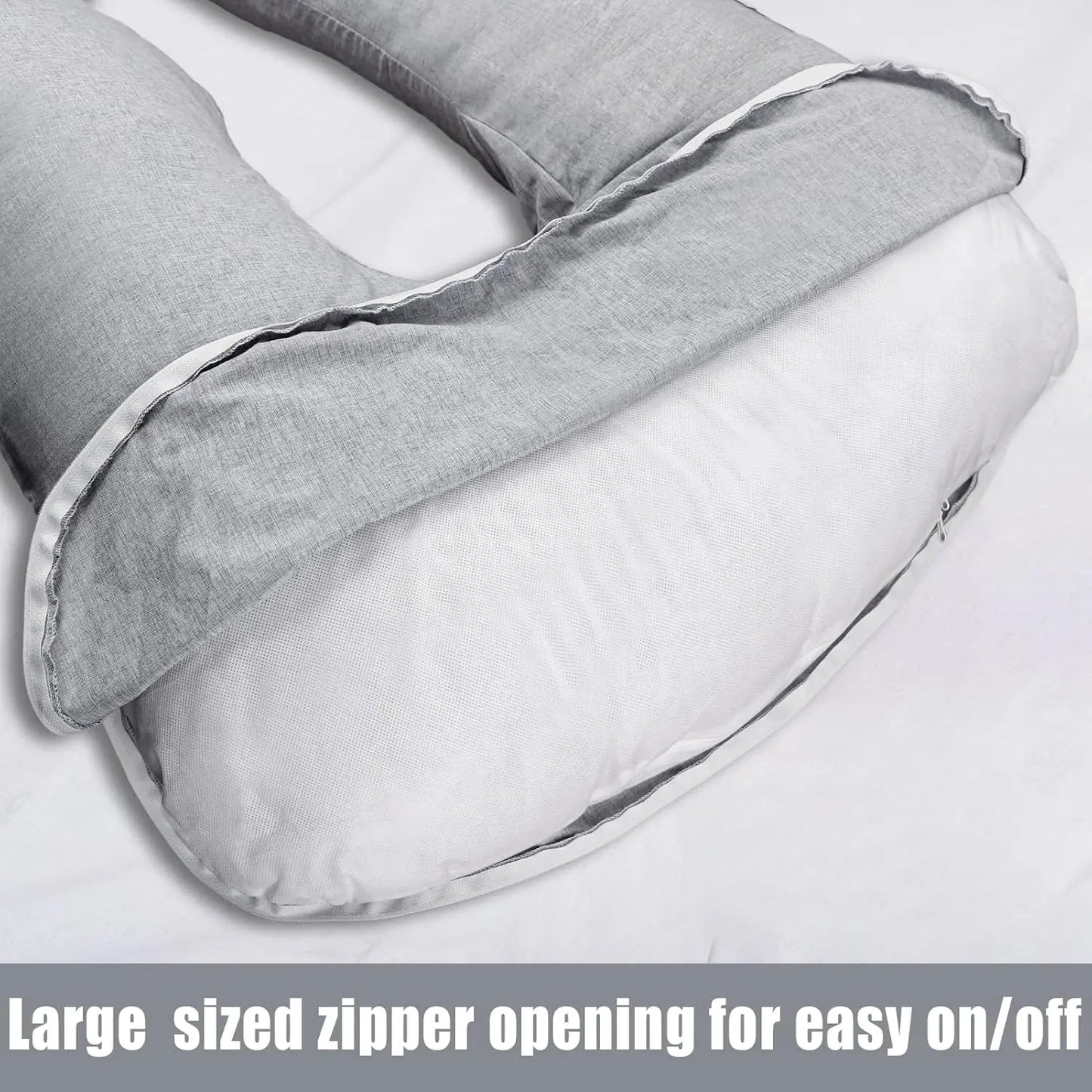 J-Shaped Maternity Pillow Cover, Soft Polyester with Hidden Zipper, Fits 55-58 Inch Pregnancy Pillows, Grey