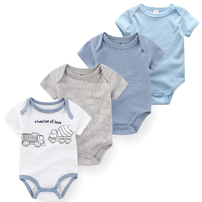 4-Piece Baby Romper Set, Soft Cotton Cartoon Print Short Sleeve Bodysuits for Newborn Boys and Girls (0–12M)