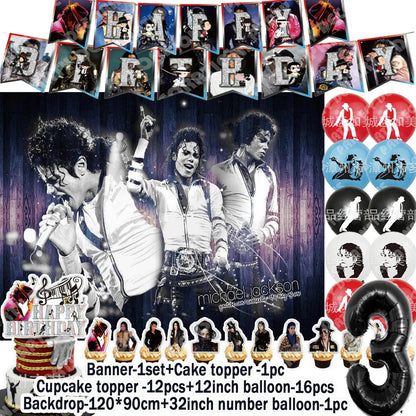 Music&Michael&J-jackson Birthday Party Supplies Banner Latex Balloons Cake Topper Cupcake Toppers Backdrop Fans Kids Adults Gift