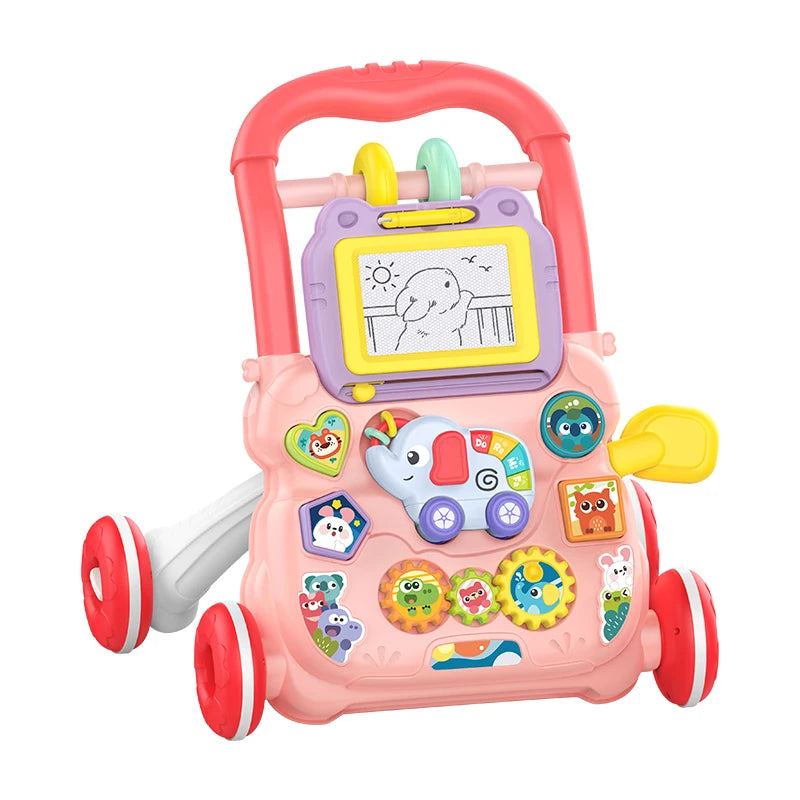 Cartoon Baby Push Walker Toy with Music Drawing Board Multifunction Activity Toddler Walker Learning Walk for 6M+ Infant