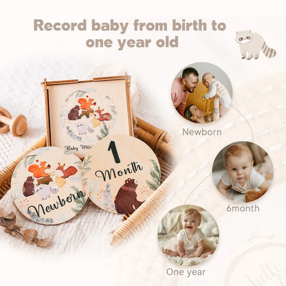 Newborn Baby Growth Milestones 0-12 Months Wooden Card With Box Photo Accessory Cartoon Animal Picture Souvenir Wooden Baby Gift