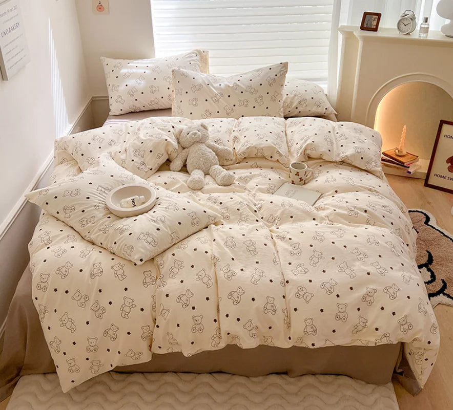 Soft Cotton Crib Bedding Set for Bed for Kid Baby Nursery Decor 3-Piece Set Baby Cartoon Bear Bedding Set for Newborns