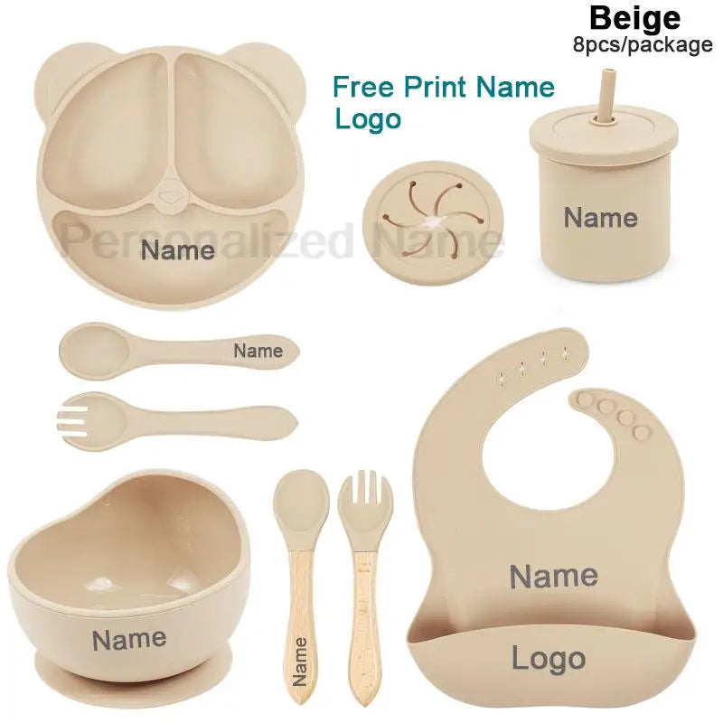 Silicone Sucker Bowl Plate Cup Bibs Spoon Fork Sets Personalized Name Children's Feeding Dishes Silicone Tableware Set For Kids