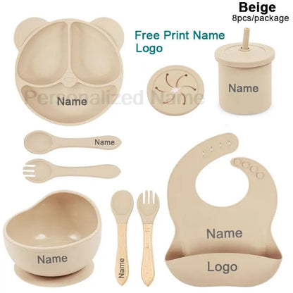 Silicone Sucker Bowl Plate Cup Bibs Spoon Fork Sets Personalized Name Children's Feeding Dishes Silicone Tableware Set For Kids